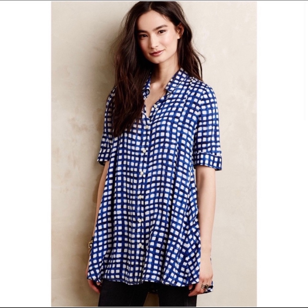 11. 1. TYLHO | Anthropologie Adanne Blue & white Checkered Tunic Blouse,  M